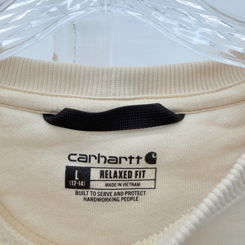 Carhartt Women's large 12 14 Relaxed Fit Cream Sweatshirt Pocket Pullover Logo - Picture 4 of 4